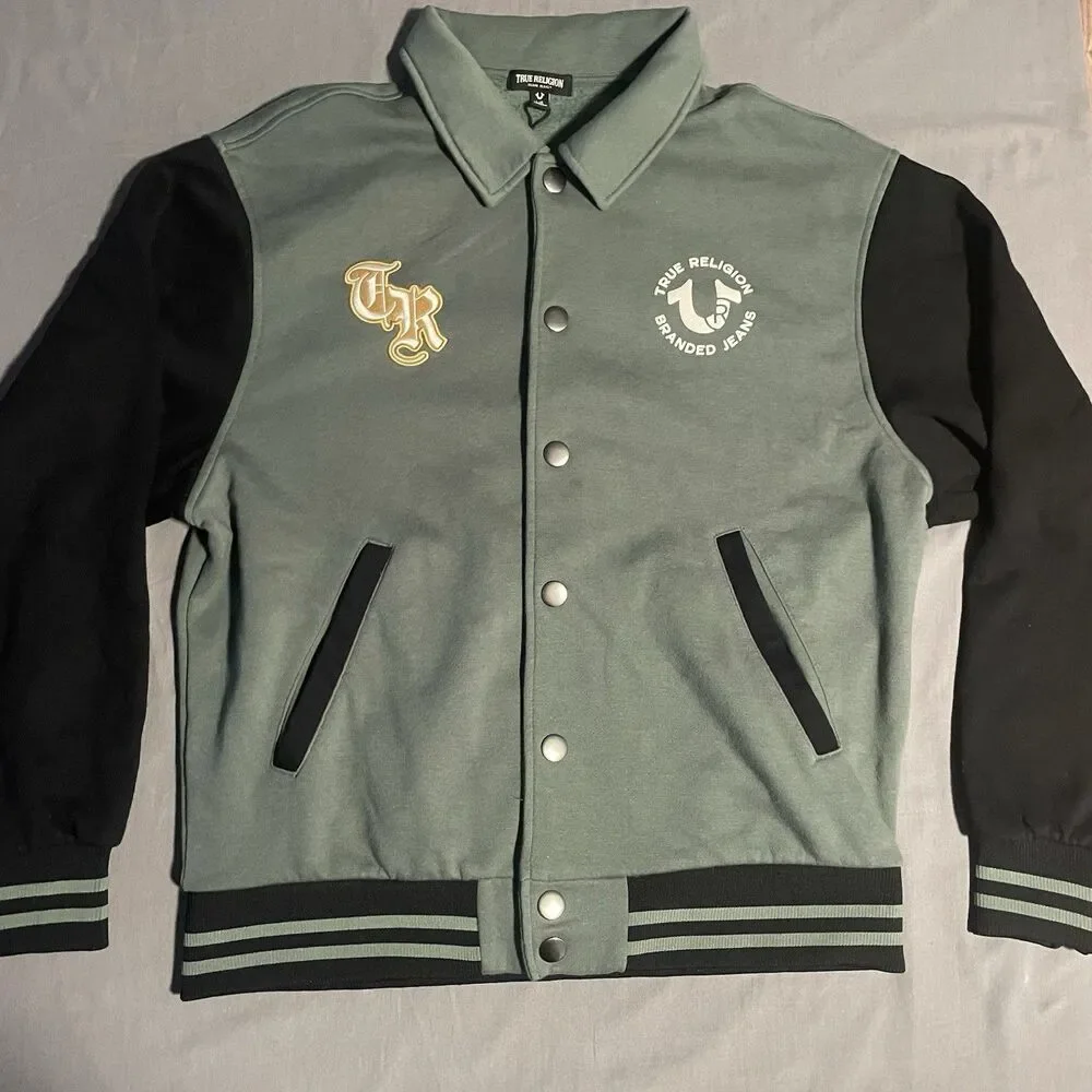 True Religion Men’s Collared Varsity Jacket Patches Size L Green Fleece Patches